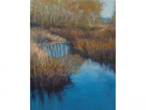 painting of reeds and water by bellingham artist lynn zimmerman