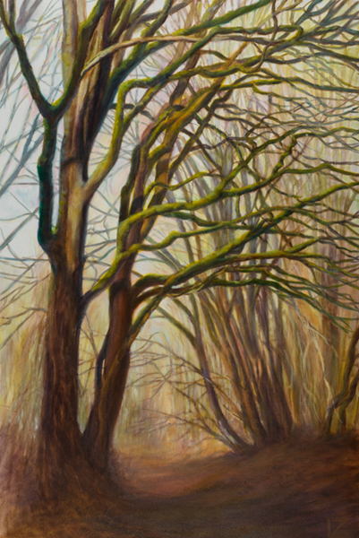painting of trees in the mist