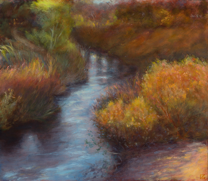 colorful painting of sun on a small creek